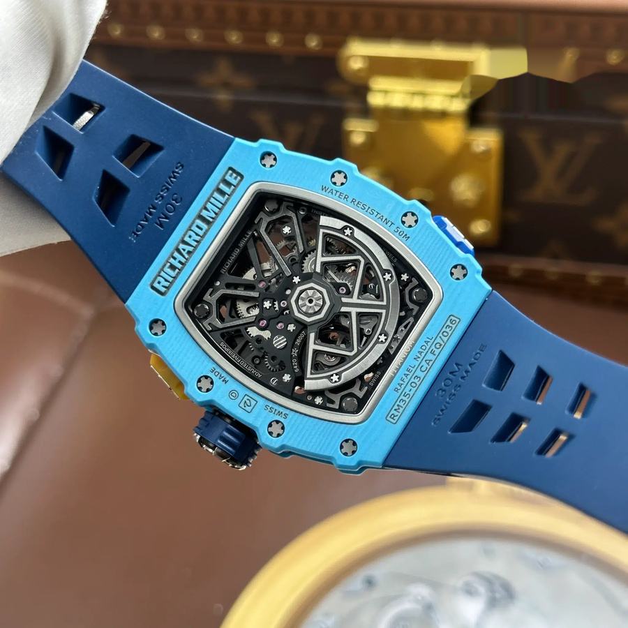 Luxury Super Clone Richard Mille RM35-03 Rafael Nadal Pastel Blue Quartz TPT Rubber Strap 43.2mm X 50mm — image 11