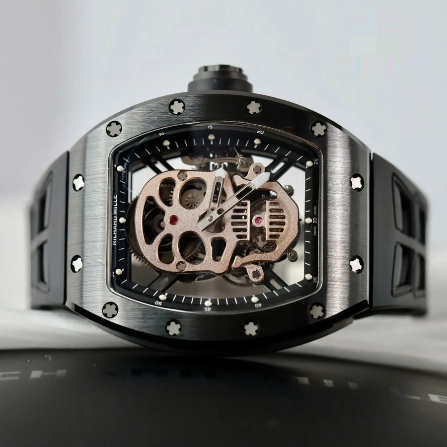 Top-rated Replica Richard Mille RM 52-01 Skull Tourbillon Black Ceramic Case High-quality Strap 43mm — image 3