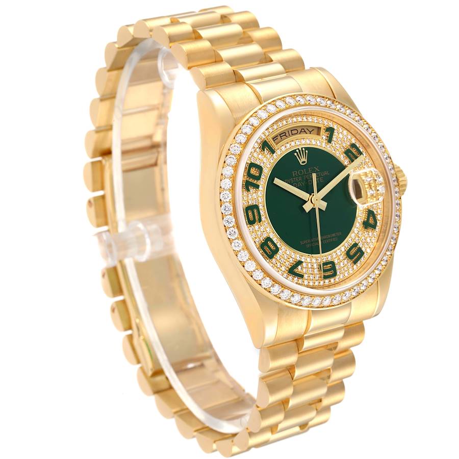 Excellent Replica Rolex President Day Date Yellow Gold Green Enamel Diamond Mens Watch 118348 — image 3