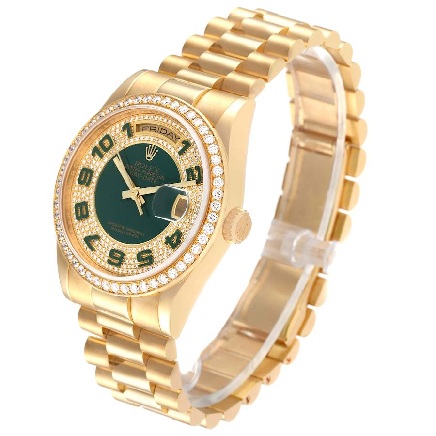 Excellent Replica Rolex President Day Date Yellow Gold Green Enamel Diamond Mens Watch 118348 — image 4