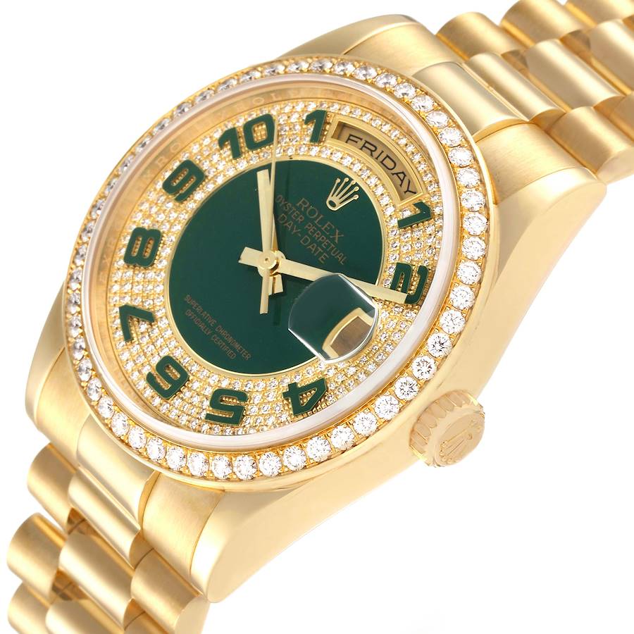 Excellent Replica Rolex President Day Date Yellow Gold Green Enamel Diamond Mens Watch 118348 — image 5