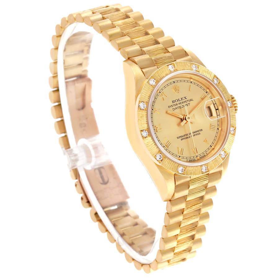 Beguiling Rolex President Datejust Yellow Gold Bark Finish Diamond Ladies Watch 69288 — image 3
