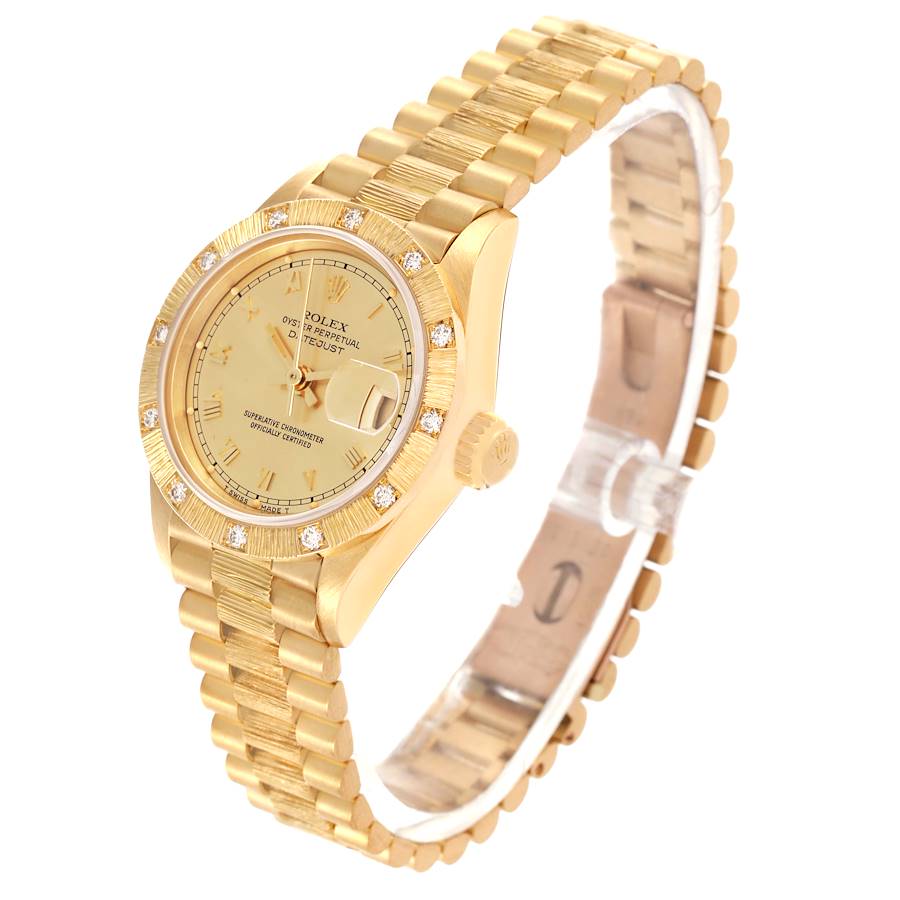 Beguiling Rolex President Datejust Yellow Gold Bark Finish Diamond Ladies Watch 69288 — image 4