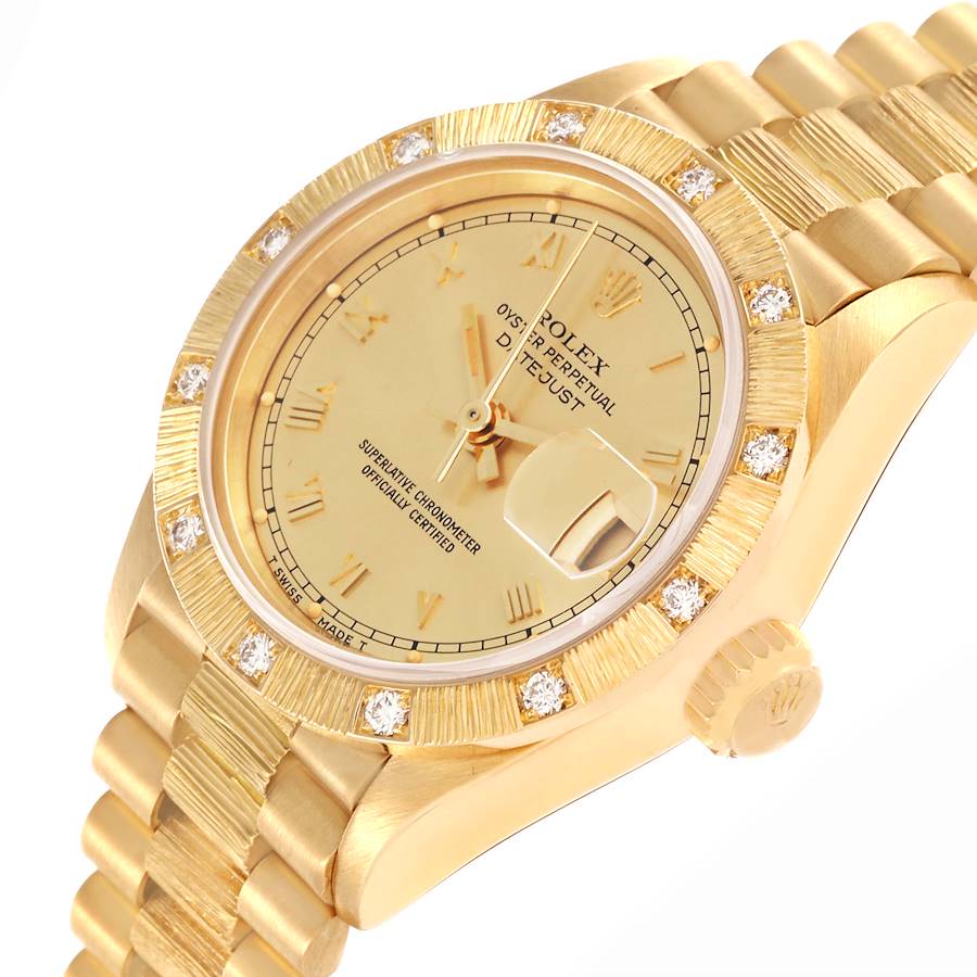 Beguiling Rolex President Datejust Yellow Gold Bark Finish Diamond Ladies Watch 69288 — image 5